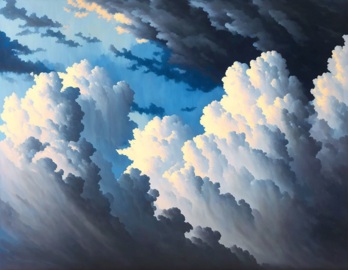 Dramatic sky painting with fluffy white clouds and stormy areas