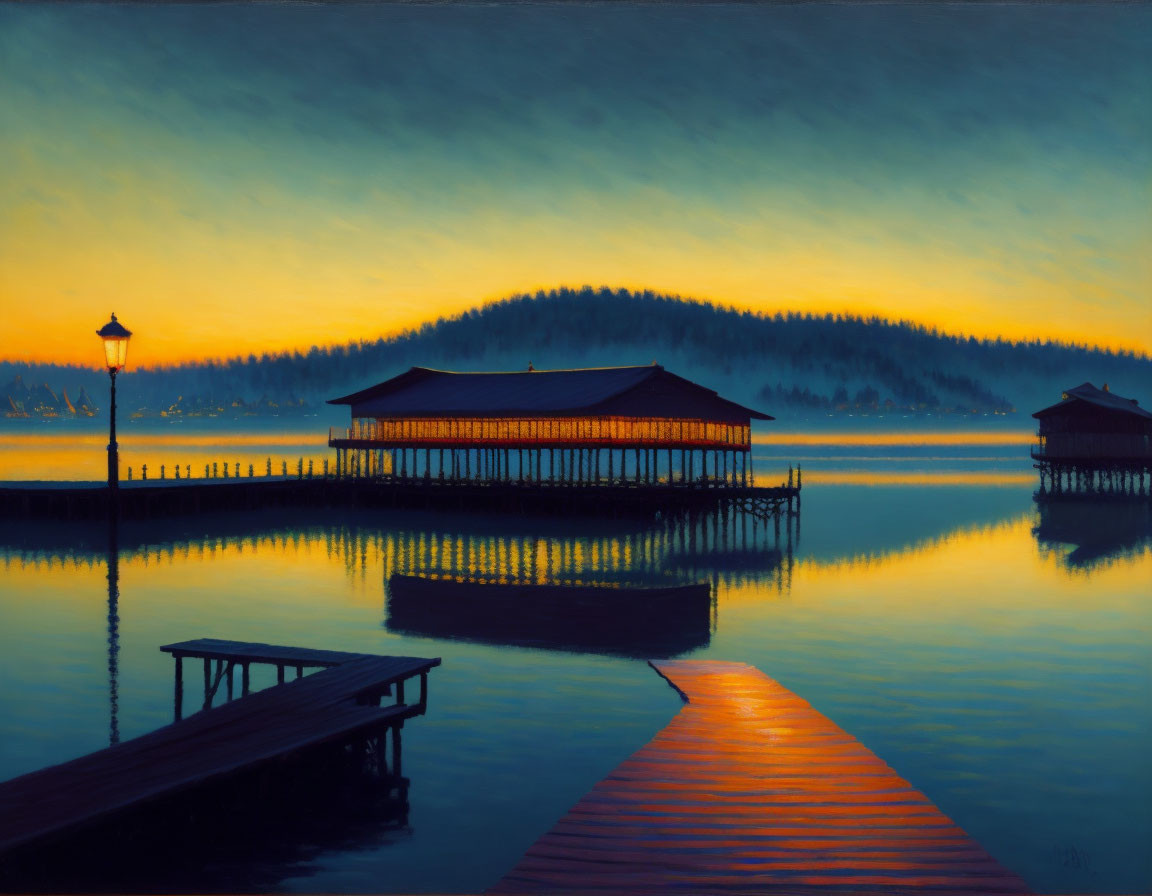 Tranquil lake scene at twilight with wooden dock, gazebo, and boathouse