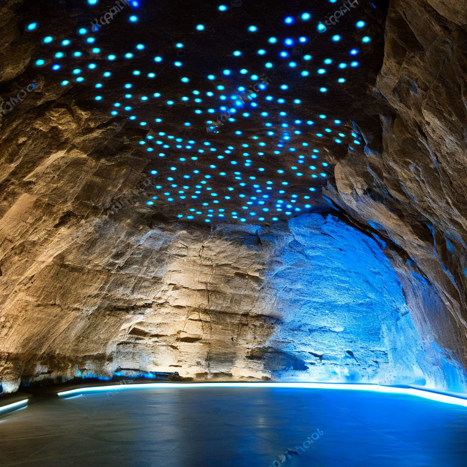 Underground Cave with Blue Light Pathway and Starry Ceiling