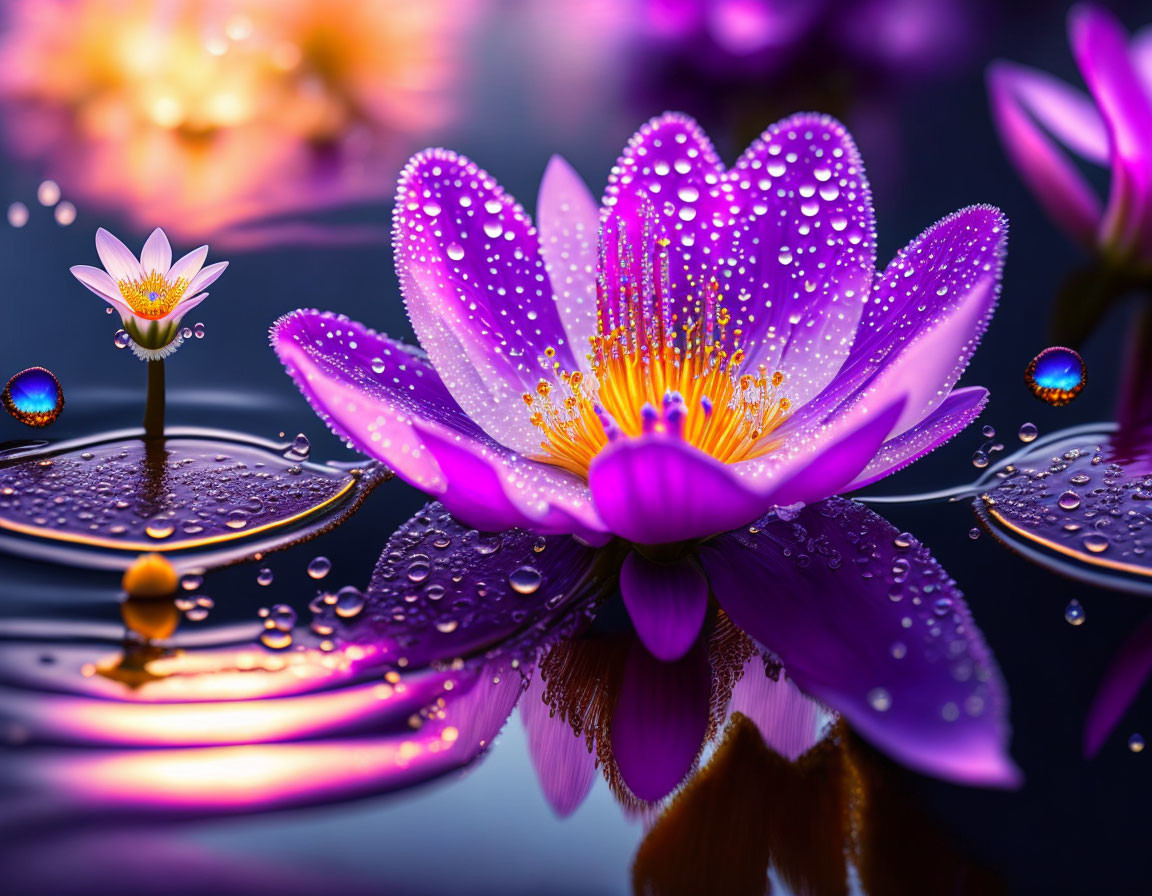 Vivid Purple Water Lily with Water Droplets in Tranquil Reflection