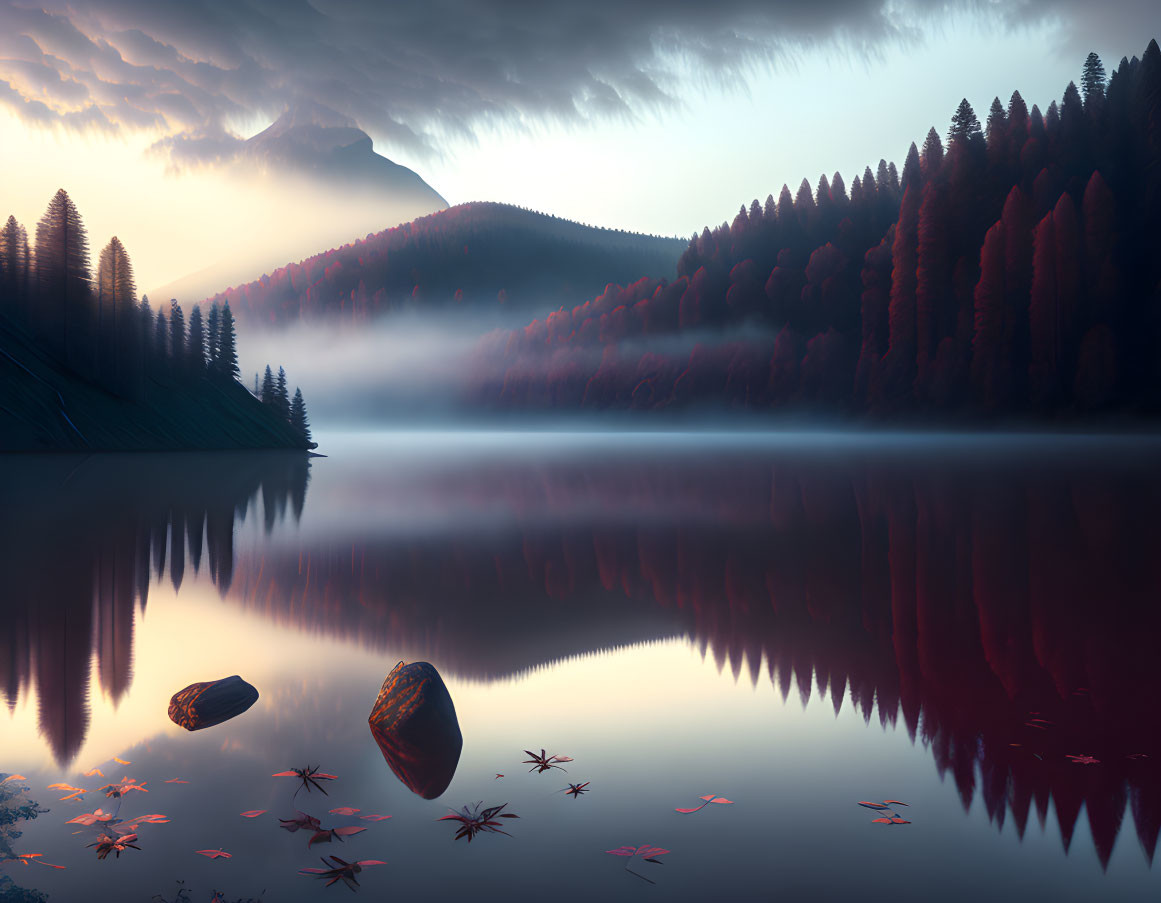 Tranquil lake scene with autumn trees, drifting leaves, boats, misty mountains.