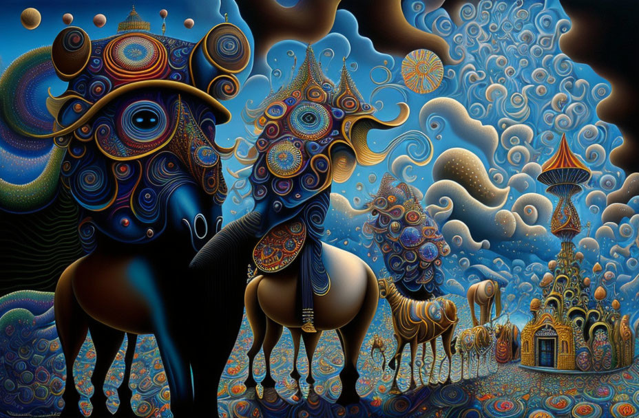 Surreal Artwork: Stylized Horses in Intricate Patterns