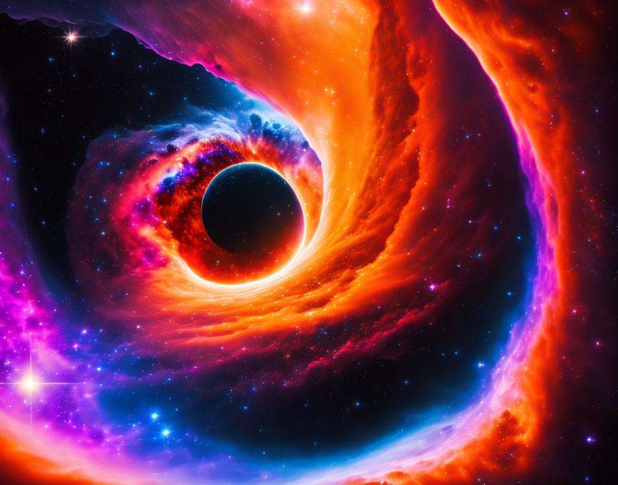 Colorful depiction of black hole with swirling accretion disk in cosmic space