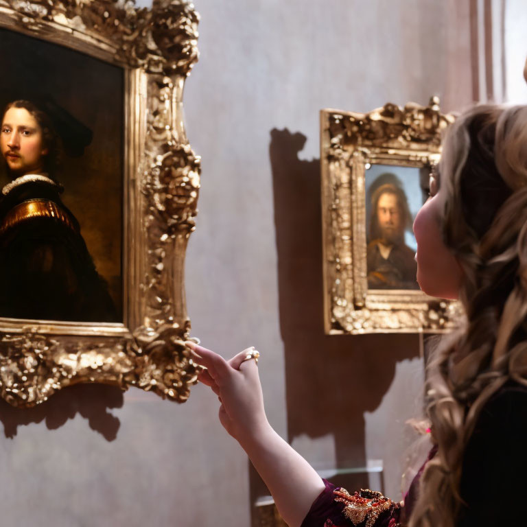 Curly-Haired Woman in Historical Attire Pointing at Classic Paintings in Dimly Lit Gallery