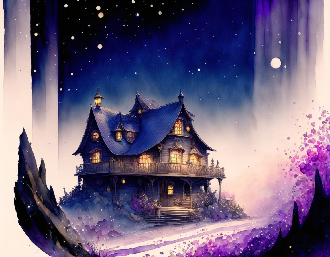 Victorian-style house illustration with purple foliage and starry night sky