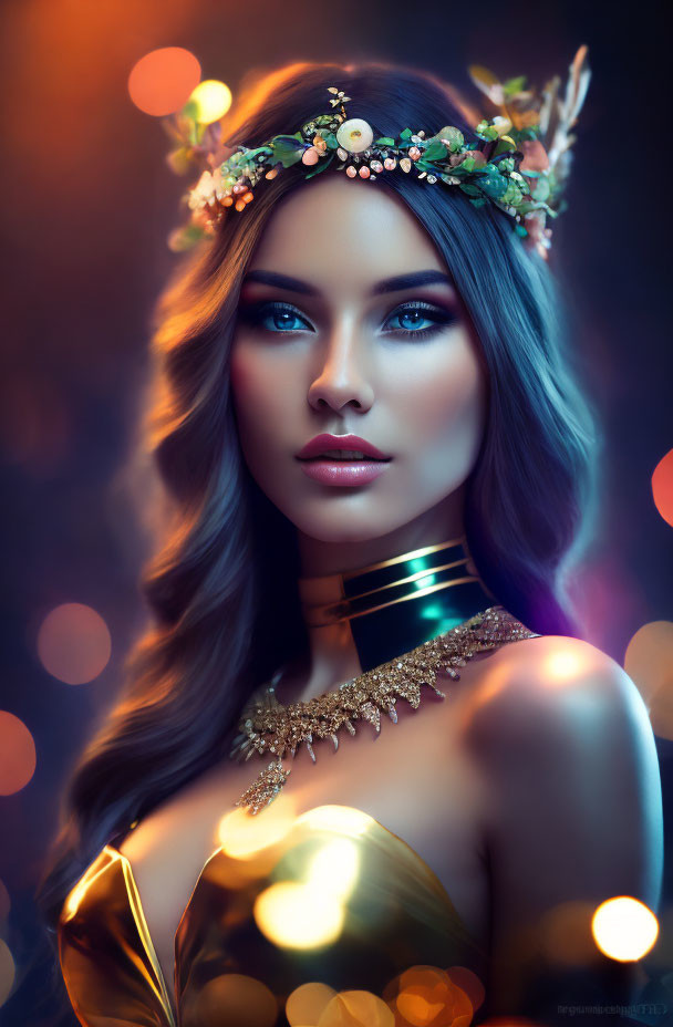 Blue-eyed woman in floral crown and golden attire against warm bokeh lights