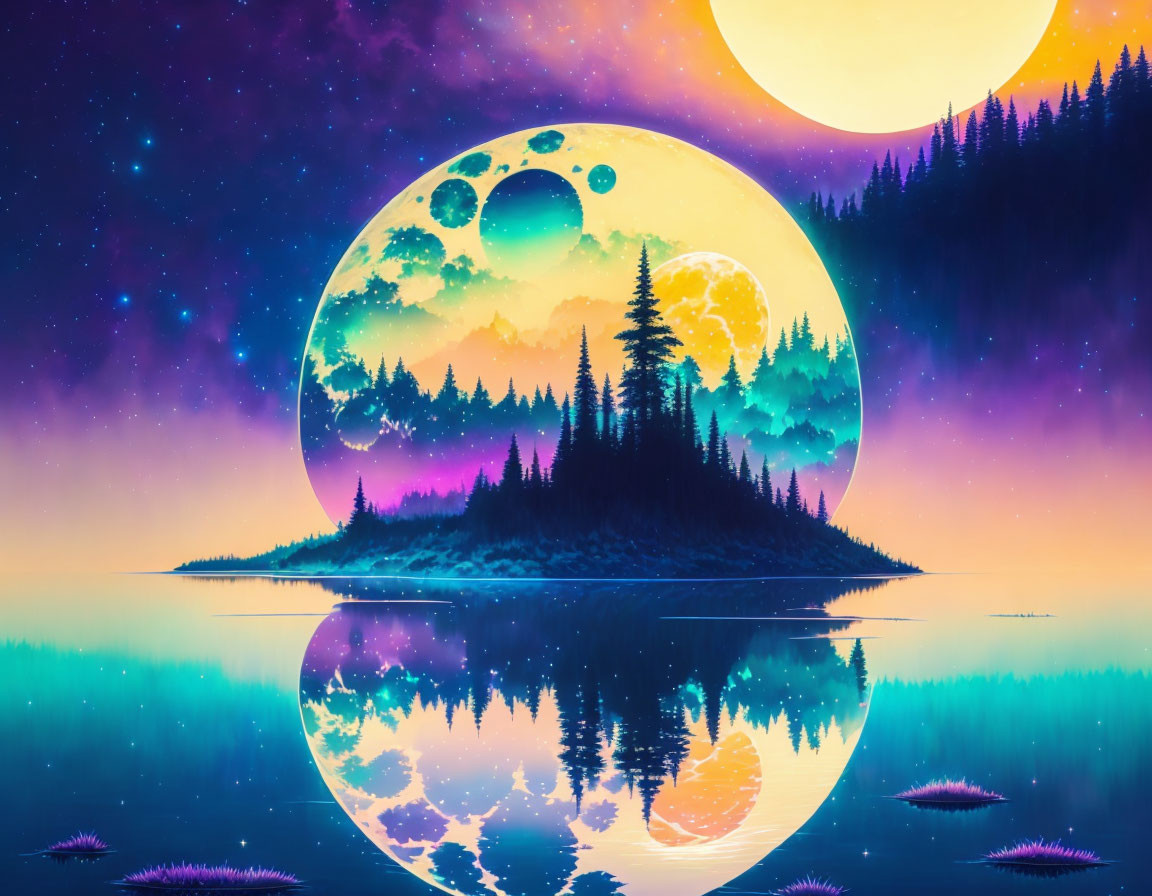 Vibrant digital art: Forested island, moons, starry sky