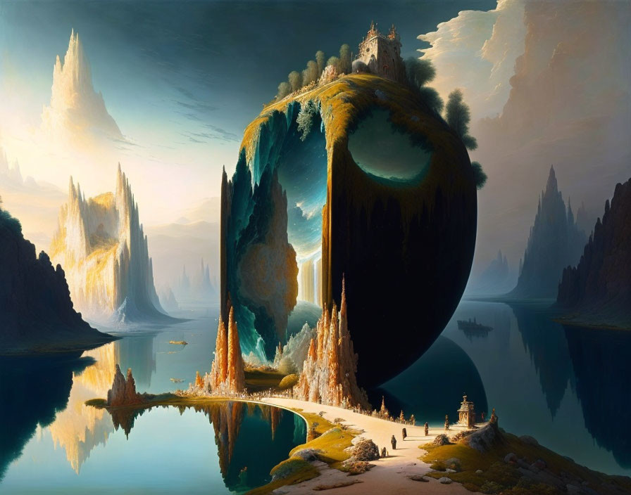 Majestic spherical island with waterfalls and castle in fantastical landscape