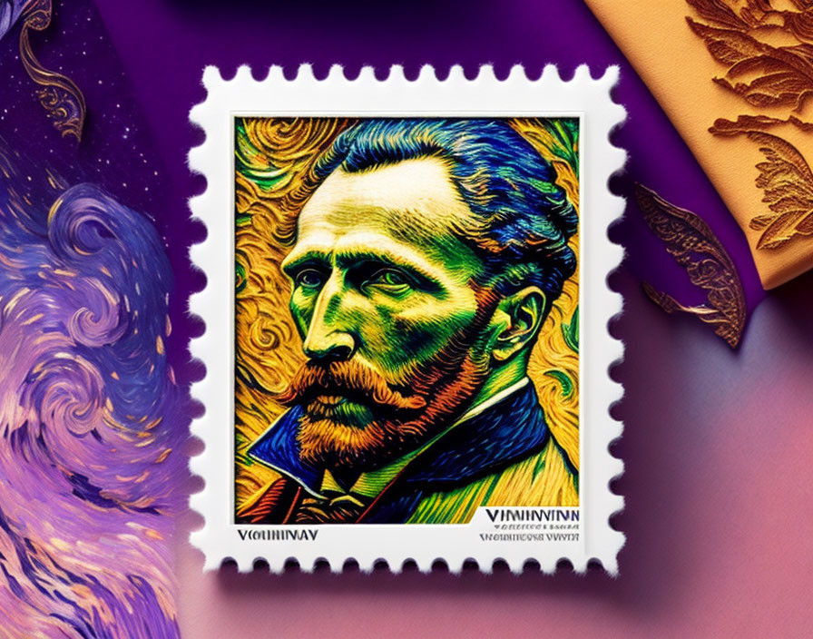 Colorful Postage Stamp Design with Stylized Portrait and Starry Background