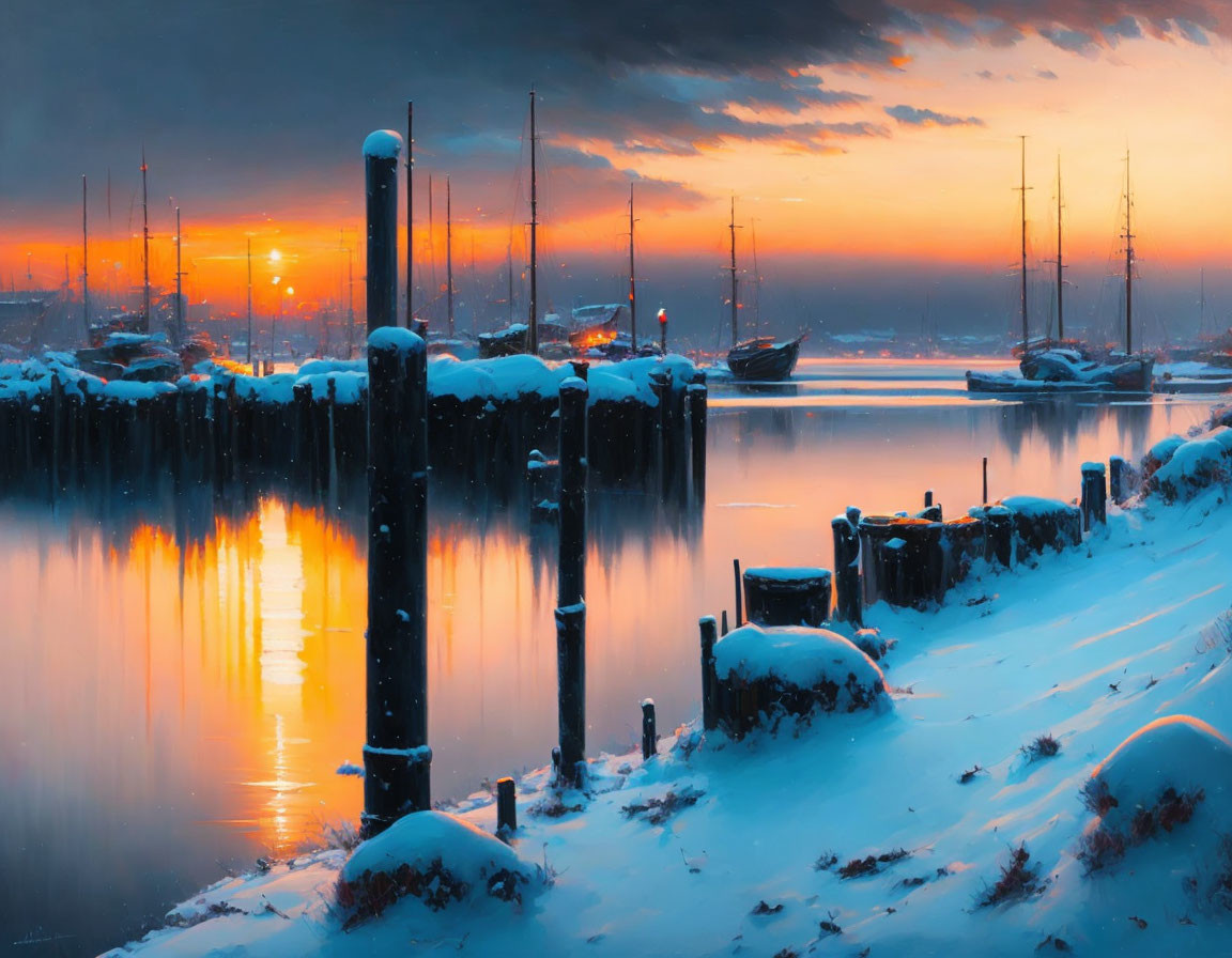 Snow-covered winter harbor at sunset with moored boats and warm reflections.