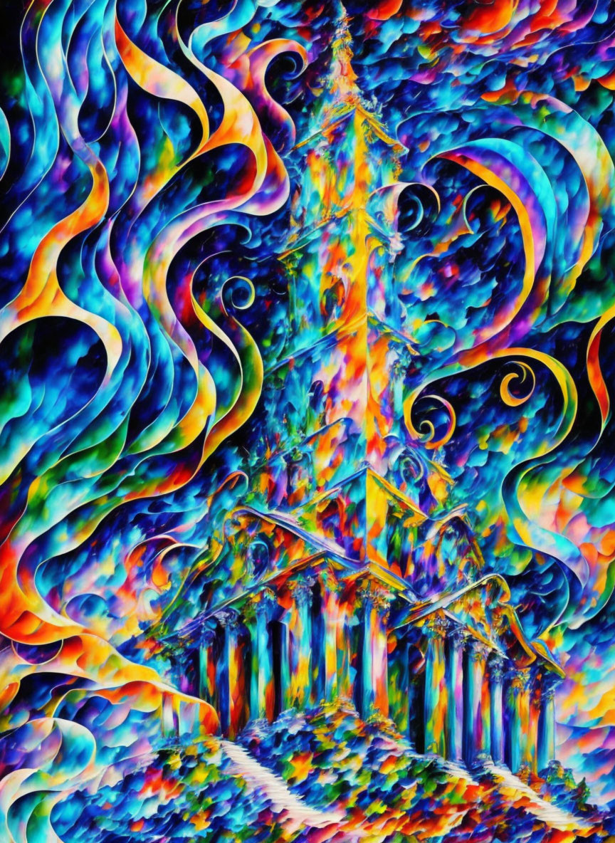 Colorful Psychedelic Artwork with Greek Temple & Abstract Tree