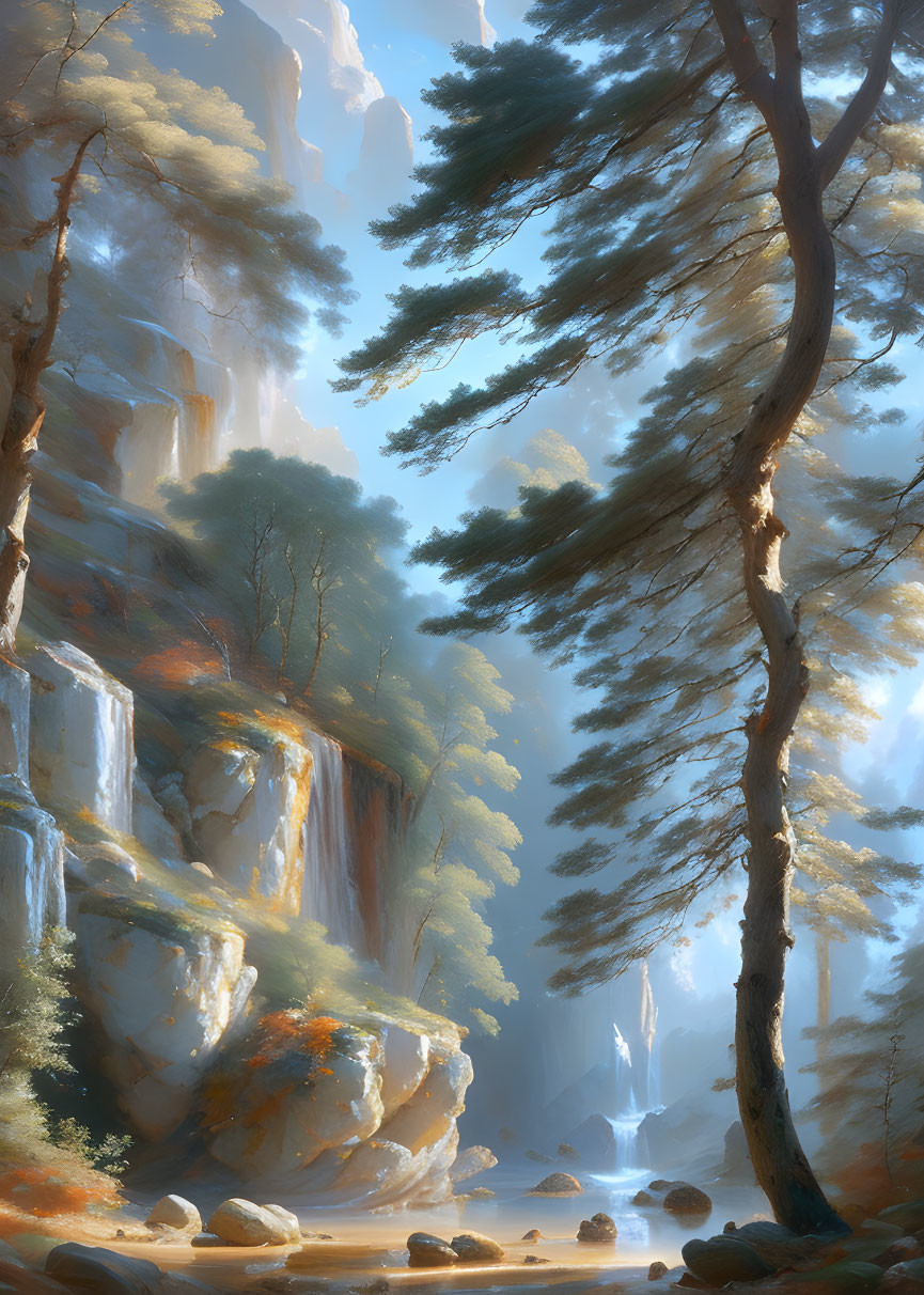 Tranquil forest landscape with misty waterfall, rocky cliffs, and calm river