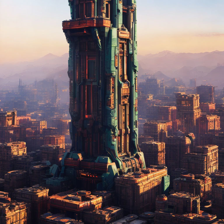 Futuristic skyscraper in dense cityscape at sunset