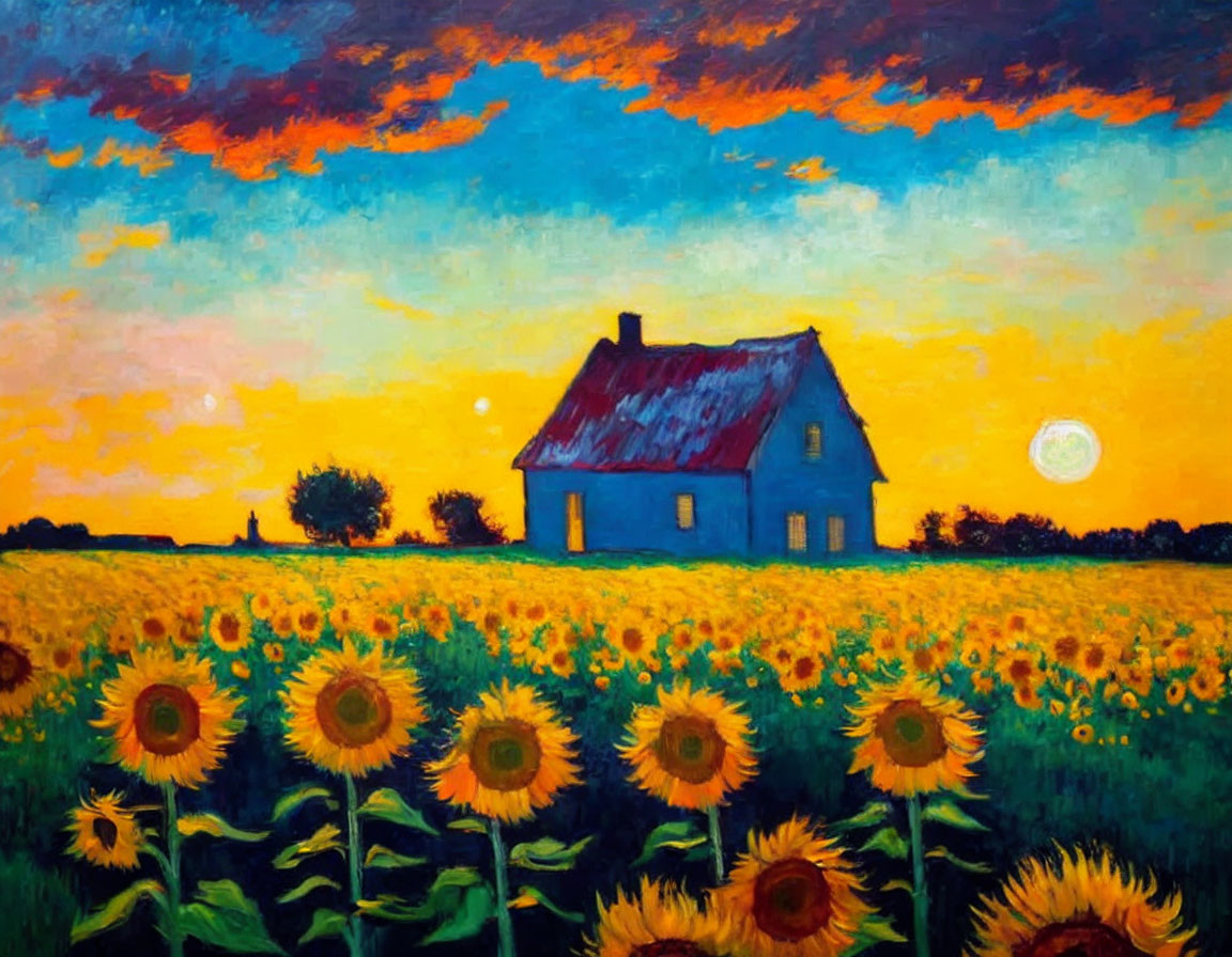 Blue house in sunflower field under dramatic sunset with rising moon