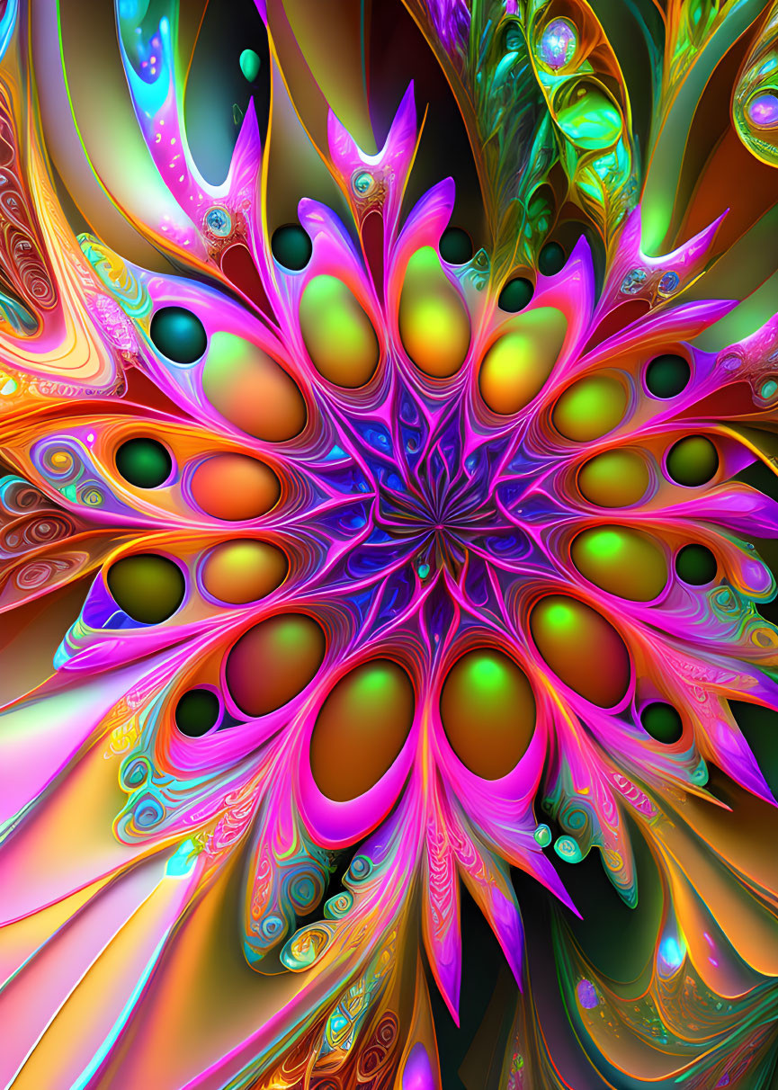 Colorful Symmetrical Fractal Pattern with Spherical Orbs