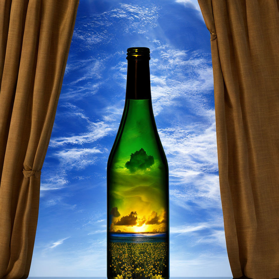 Green bottle against sky backdrop with sunset landscape visible through translucent body