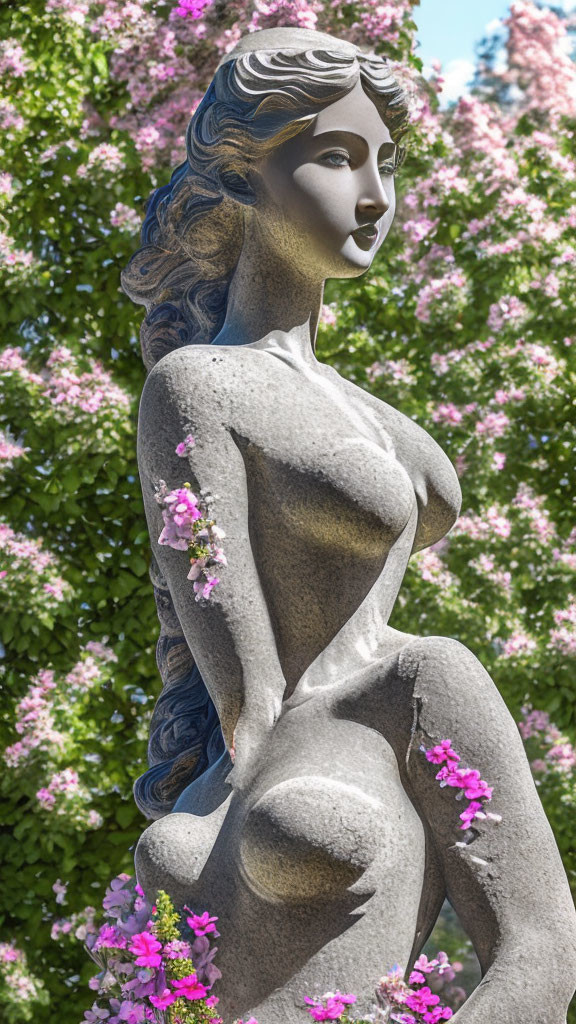 Serene woman statue surrounded by pink flowers and green leaves