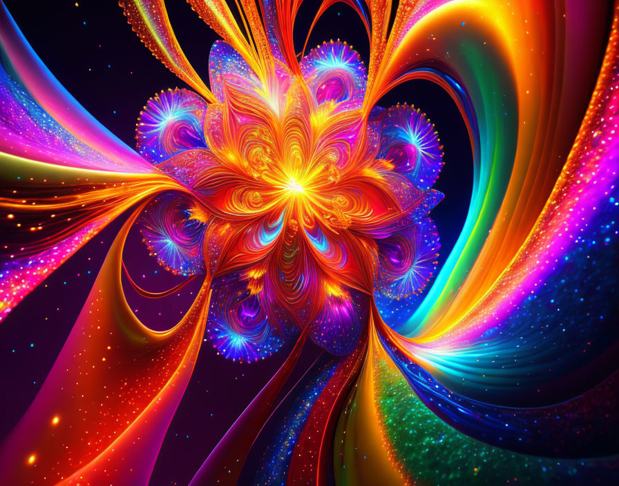 Colorful fractal flower in neon hues on starry backdrop