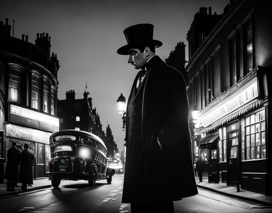 Vintage man in top hat on city street at night with old-fashioned buildings and bus.