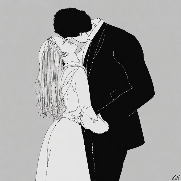 Illustration of couple kissing in dark suit and white dress on gray background