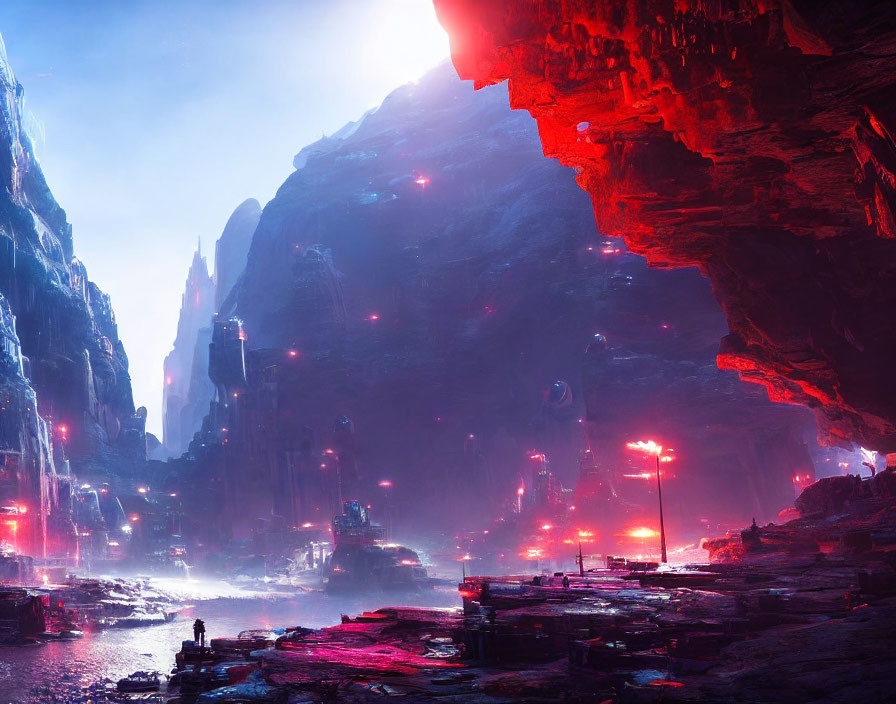 Neon-lit cave with towering rocks and lone figure