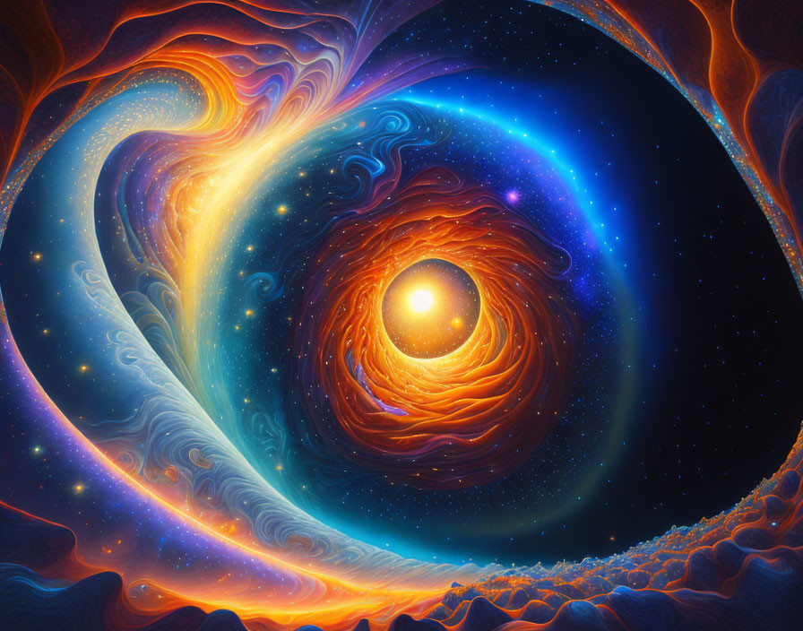 Colorful Digital Art: Swirling Galaxy in Vivid Blues and Oranges