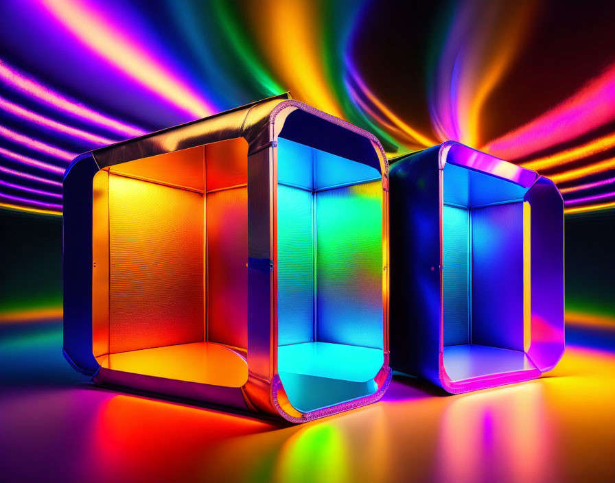 Vibrant Rainbow Gradients on Neon-Lit Cubes Against Swirl Background