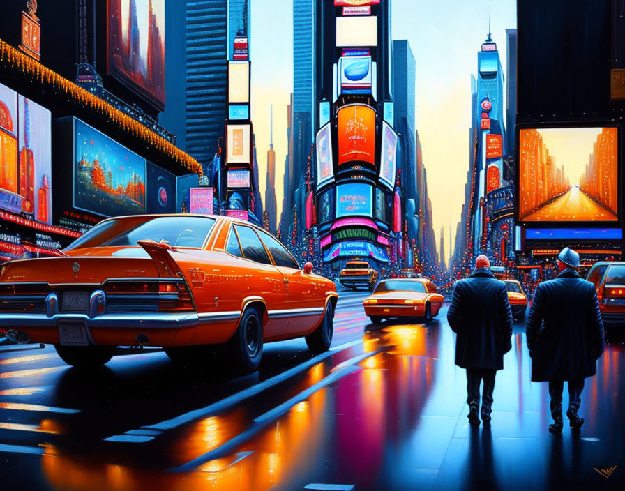 Cityscape at Dusk: Neon Signs, Men Walking, Red Car on Wet Street