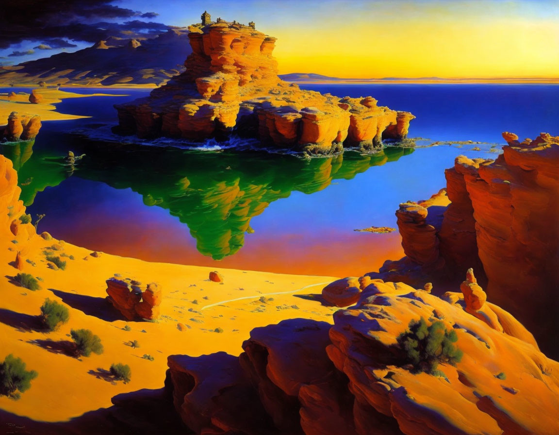 Desert landscape painting with rock formation and sunset reflection.