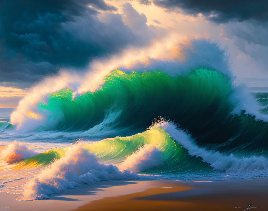 Vibrant painting of green wave under stormy sky with sunlight: dramatic ocean scene