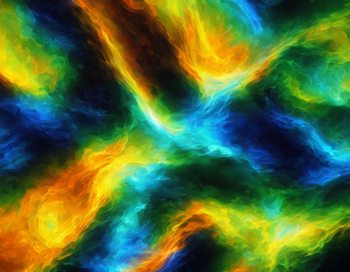 Vibrant abstract digital painting with swirling blue, green, orange, and yellow hues