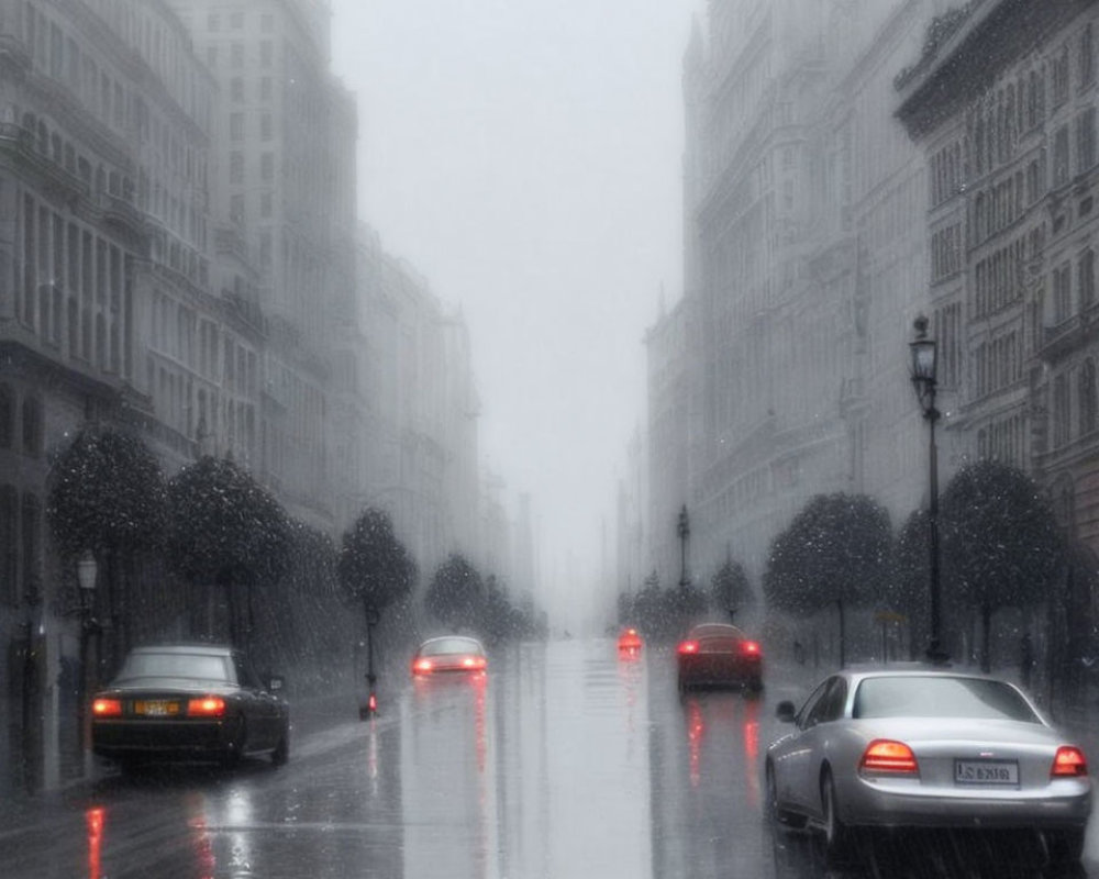 City street at night with mist, red brake lights, and silhouetted trees.