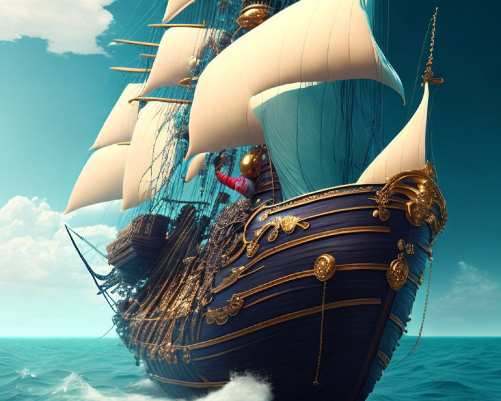 Tall ship with white sails and golden decorations sailing in azure seas