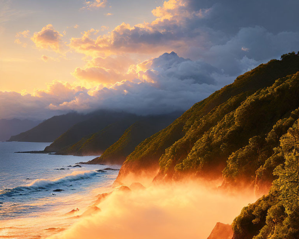 Scenic golden sunrise over misty coastline with lush hills.