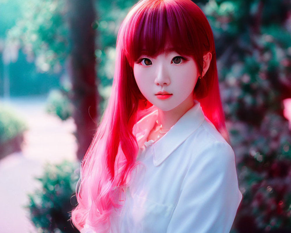 Young woman with pink hair and white blouse under pinkish light filter, surrounded by green foliage