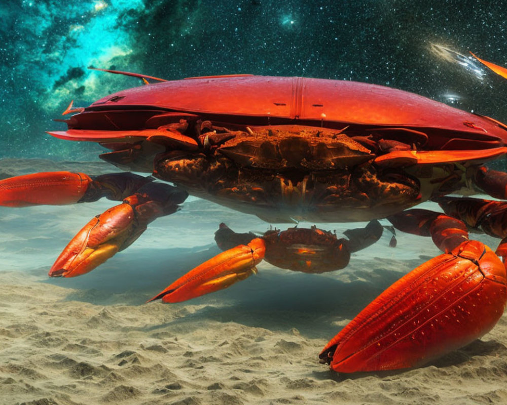 Red Crab on Sandy Seabed Under Starry Sky