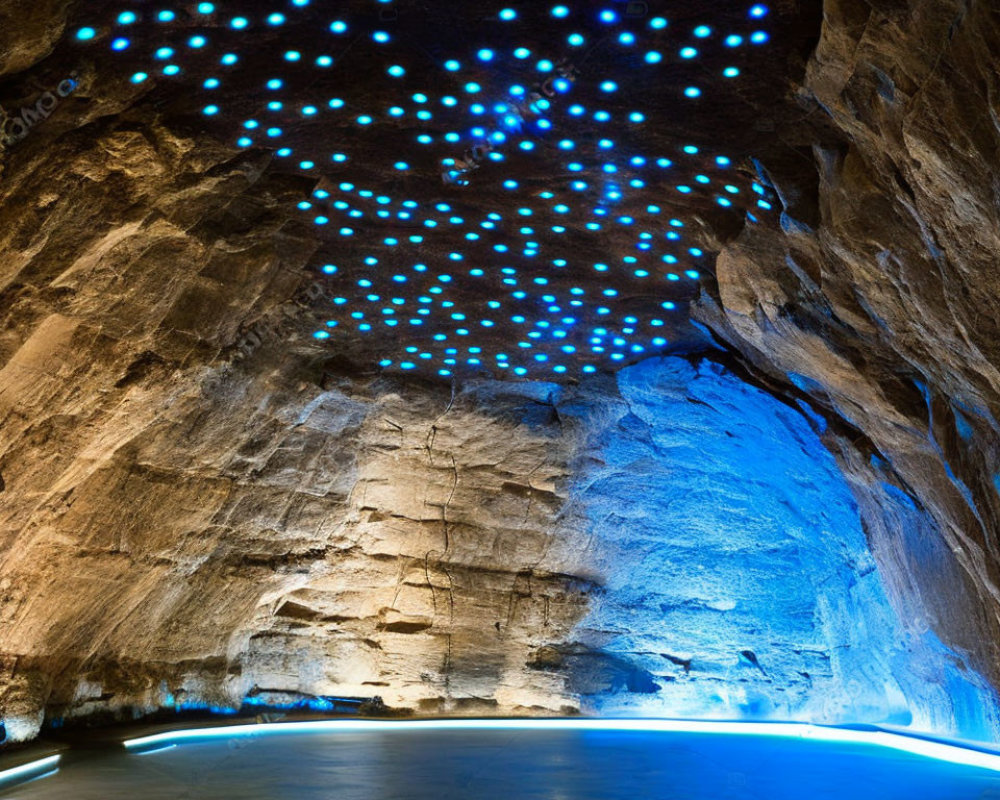 Underground Cave with Blue Light Pathway and Starry Ceiling