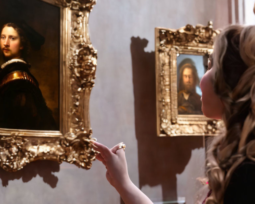 Curly-Haired Woman in Historical Attire Pointing at Classic Paintings in Dimly Lit Gallery