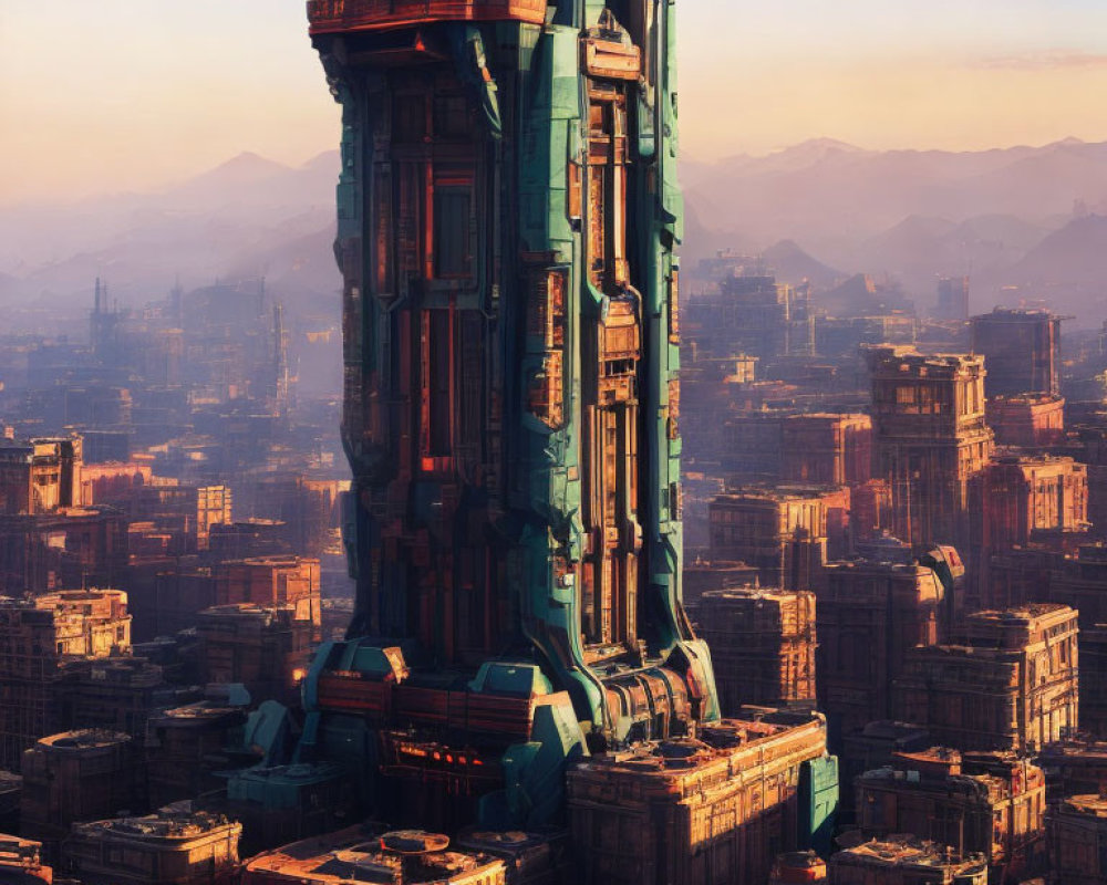 Futuristic skyscraper in dense cityscape at sunset