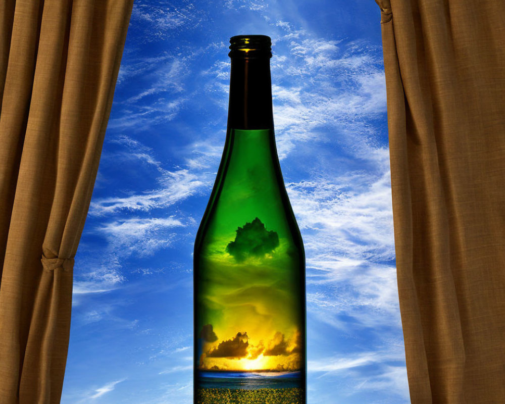 Green bottle against sky backdrop with sunset landscape visible through translucent body