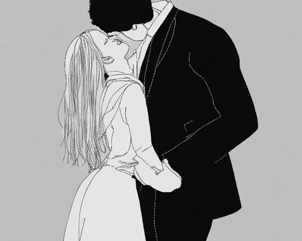 Illustration of couple kissing in dark suit and white dress on gray background