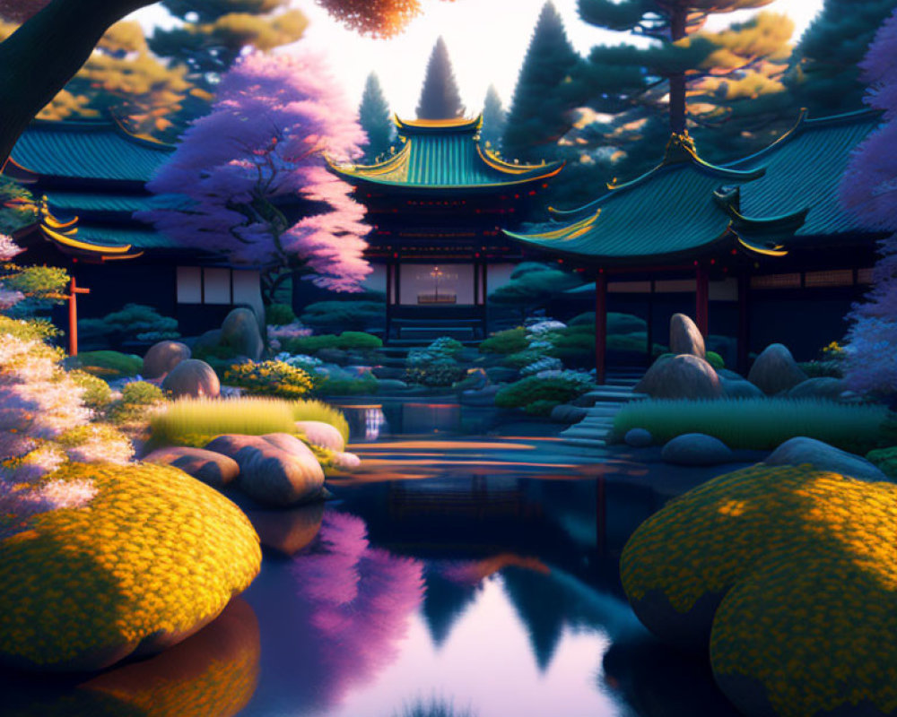 Serene Japanese Garden with Purple Trees and Stone Lanterns