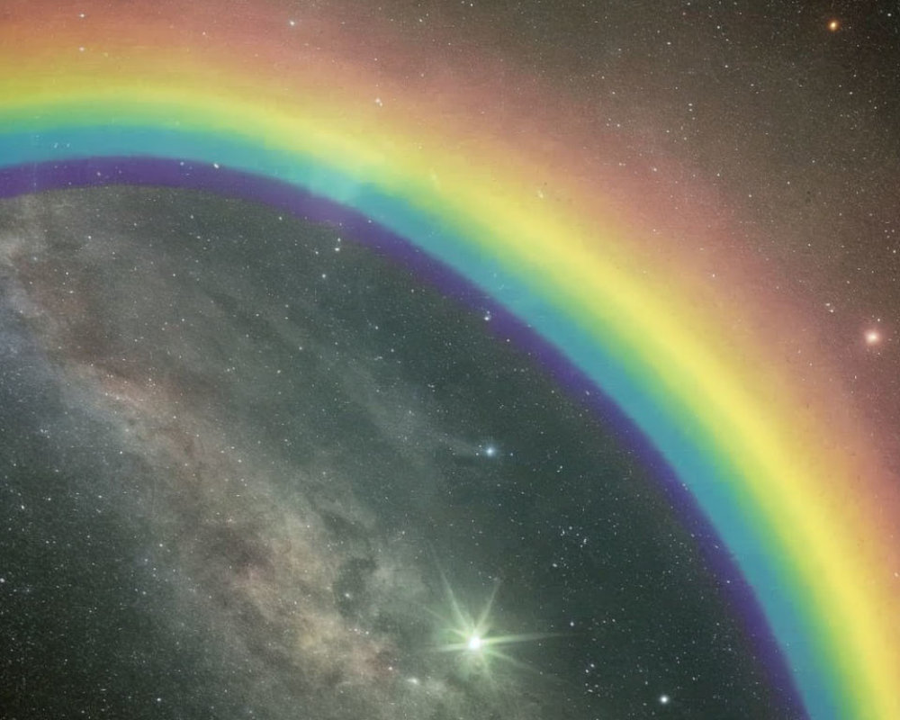 Colorful rainbow arc over starry night sky with bright celestial body