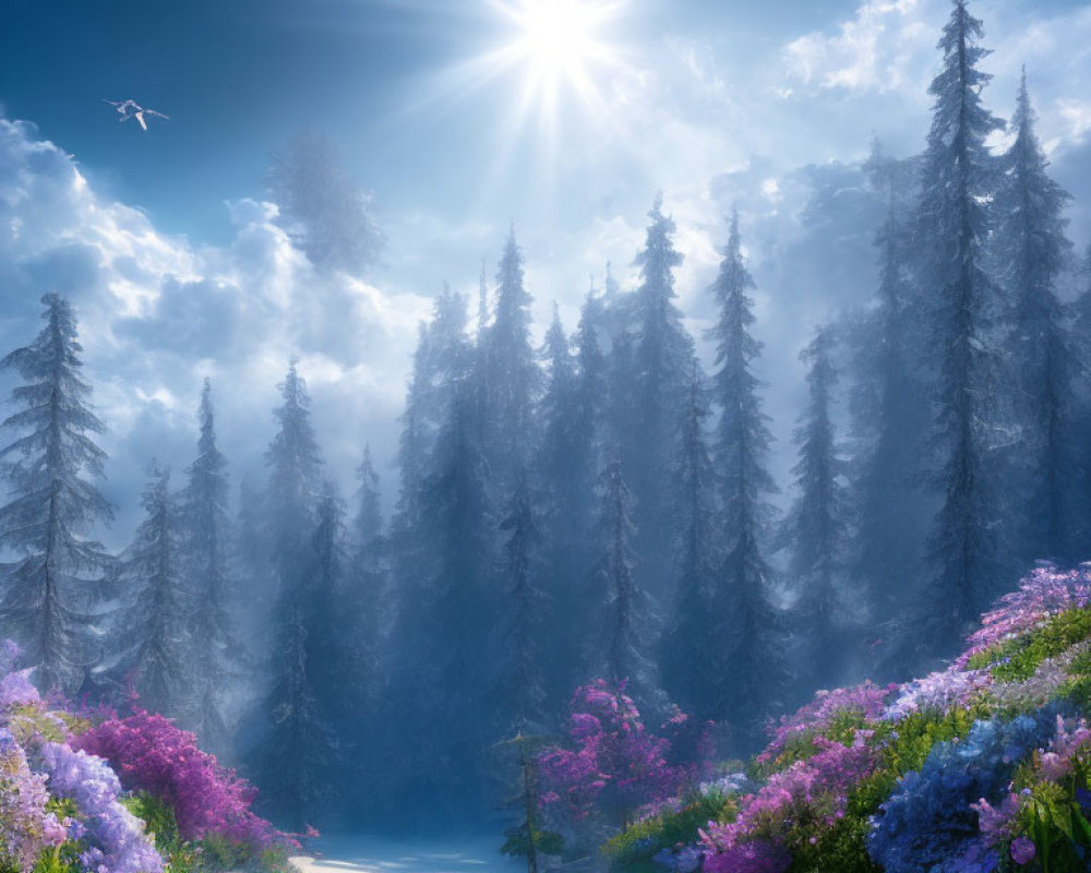 Tranquil forest landscape with pine trees, blue sky, sun rays, wildflowers, and turquoise