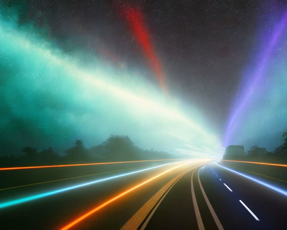 Vivid Night Sky with Aurora Lights Over Colorful Highway