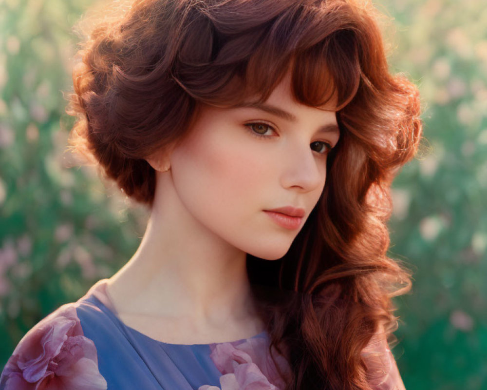 Curly Auburn-Haired Woman in Floral Dress Backlit by Sunlit Greenery