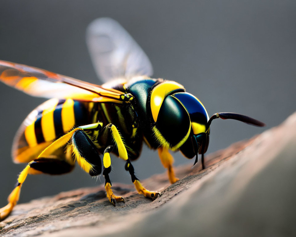 Vibrantly colored wasp with yellow and black patterns on curved surface