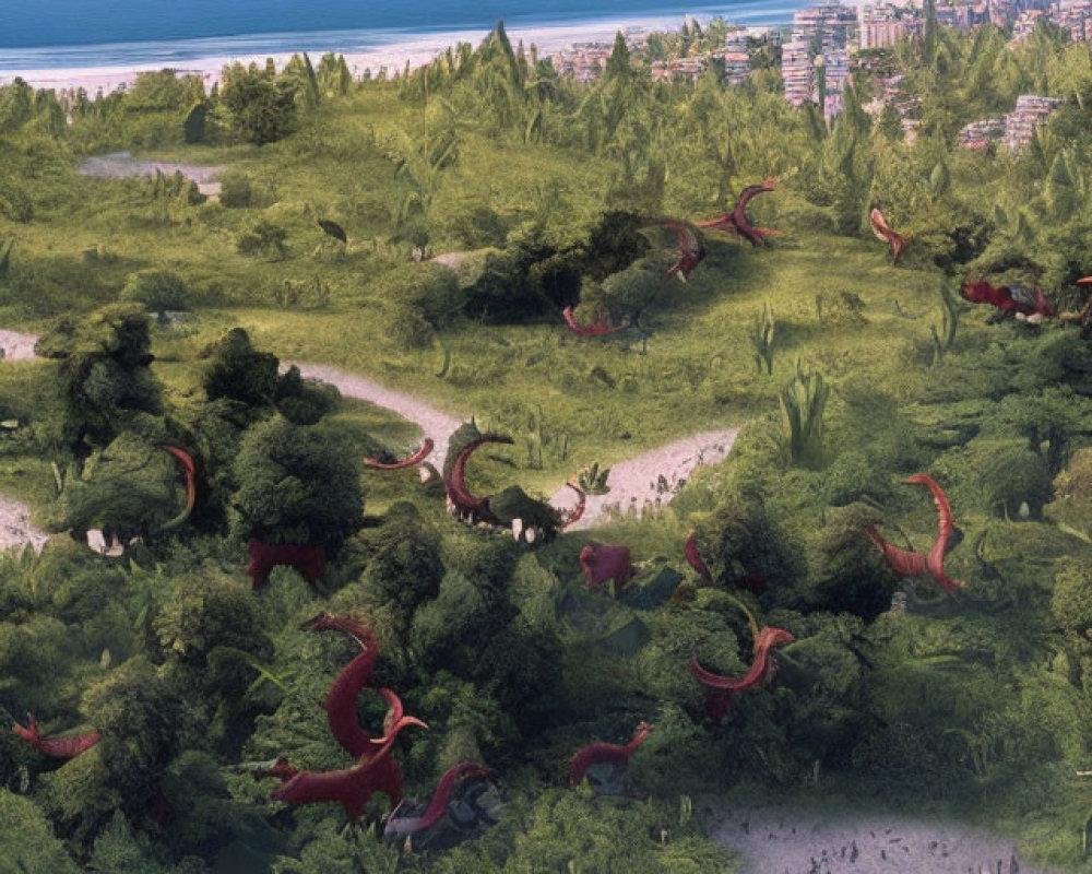 Vibrant green landscape with red dragons, people, beach, and city skyline under clear sky