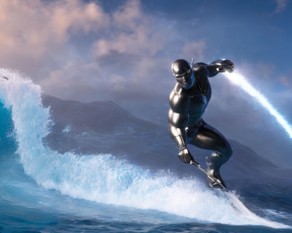 Metallic superhero surfing wave with energy jet, misty mountains & dramatic sky