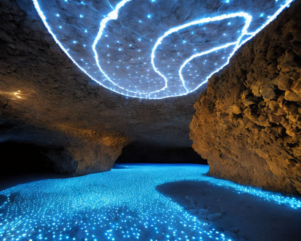 Blue Glowing Light Installation in Cave with Leaf-Like Pattern